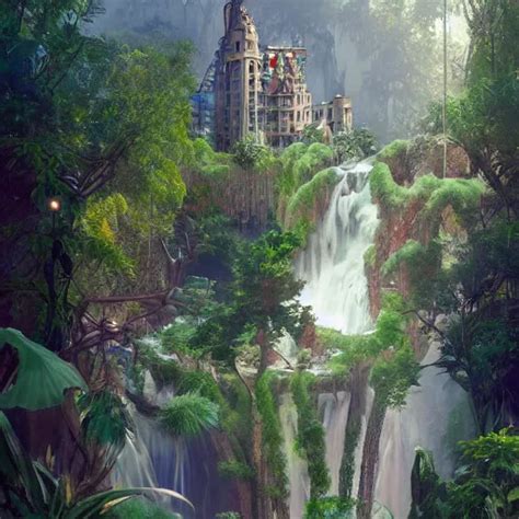 Waterfall Overgrowth City Nature Photography Art Stable Diffusion