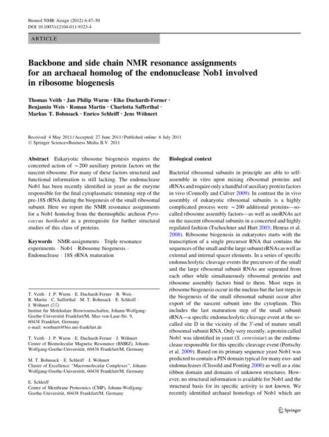 Pdf Backbone And Side Chain Nmr Resonance Assignments For An Archaeal Homolog Of The