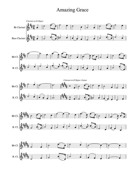 Amazing Grace Clarinet Duet Sheet Music For Clarinet In B Flat Clarinet Bass Woodwind Duet