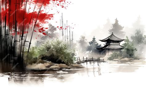 Premium AI Image | Bamboo garden surrounding pagoda chinese painting ...