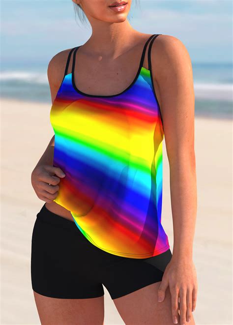 Printed Spaghetti Strap Rainbow Color Tankini Set Rosewe USD 38 98