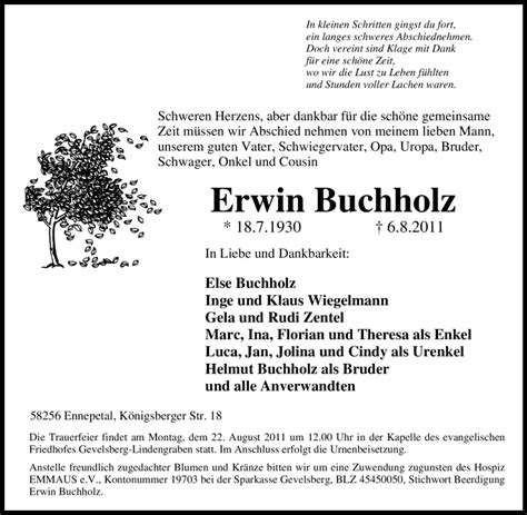 Traueranzeigen Von Erwin Buchholz Trauer In NRW De