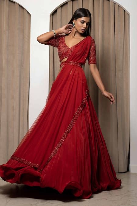 Buy Red Net Embroidery Chid V Neck Blouse Lehenga Set For Women By