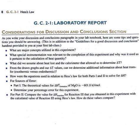 Gc Hess Law Gc Ilaboratory Report Considerations For Discussion And