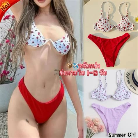 สงไวจากไทยชดวายนำแฟชน เซต ชน บกนเซกซ มโครง บราพมพลายดอกไม นารก bikini