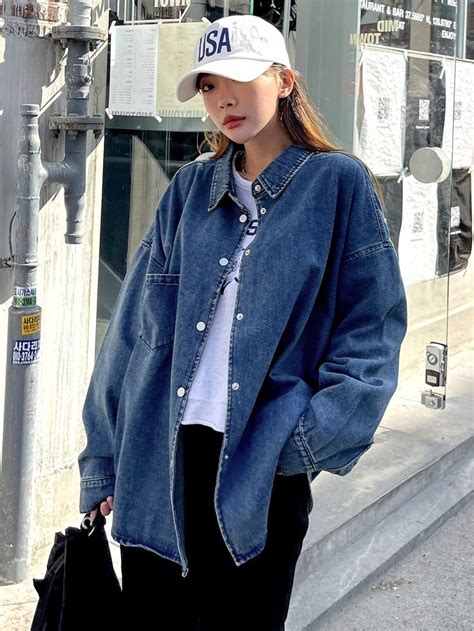 Dazy Drop Shoulder Pocket Patched Denim Coat