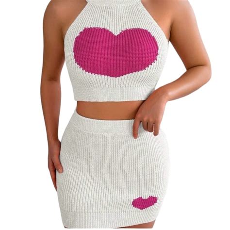 Skirts New White And Pink Heart Knit Two Piece Mini Skirt Set Size