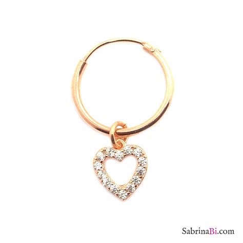 Mono Orecchino A Cerchio 1cm Argento 925 Oro Rosa Cuore Vuoto Zirconi