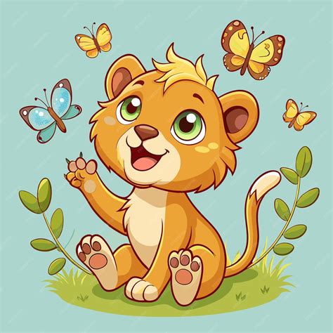 Cartoon Lion Cub With Fluttering Butterflies Vector Premium Ai Generated Vector