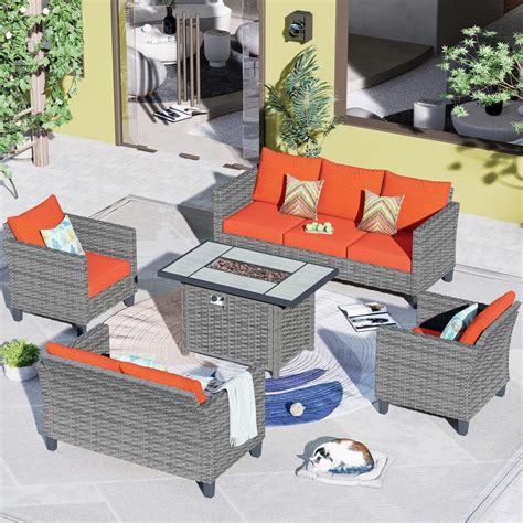 OVIOS New Star Gray 5 Piece Wicker Patio Rectangle Fire Pit