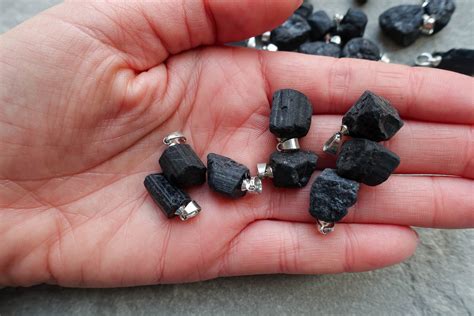 Raw Black Tourmaline Tumbled Crystal Pendant Freeform Column Etsy