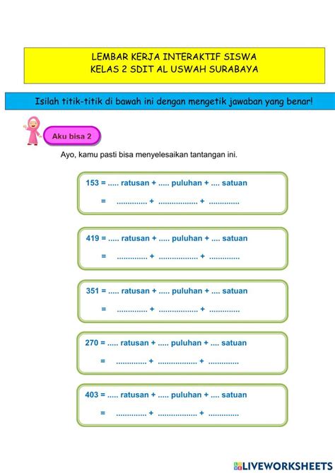 Nilai Tempat Ratusan Puluhan Satuan Interactive Worksheet Math