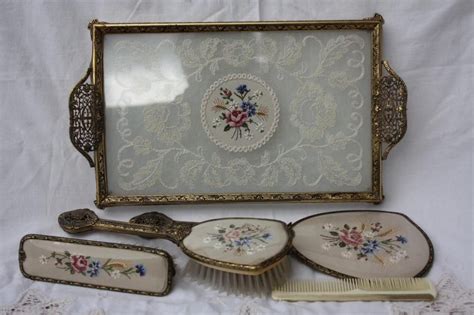 Vintage 1950s Petit Point Ormolu Embroidered Dressing Table Set Clean