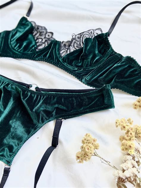 Amanita Emerald Forest Green Velvet Lingerie Set Crotchless Etsy Hot