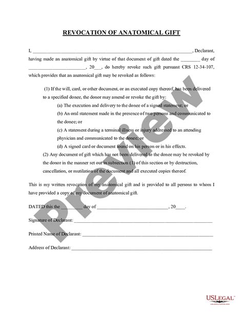 Colorado Revocation Of Anatomical Gift Donation Us Legal Forms