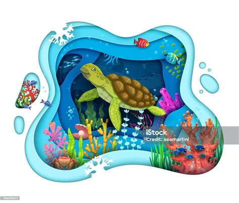 kartun penyu kertas memotong pemandangan bawah laut laut ilustrasi stok