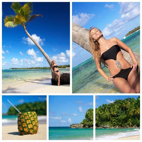 Collage With Woman In Bikini Near Palm Stock Image Image Of Romantic