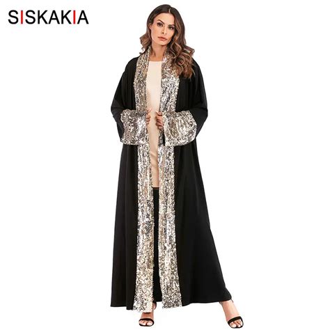 Siskakia Muslim Cardigan Abaya Fashion Sequin Patchwork Muslimah