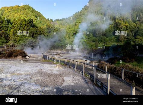 Lagoa Das Furnas E Fumarolas Wooden Footpath On A Site Of Bubbling Hot