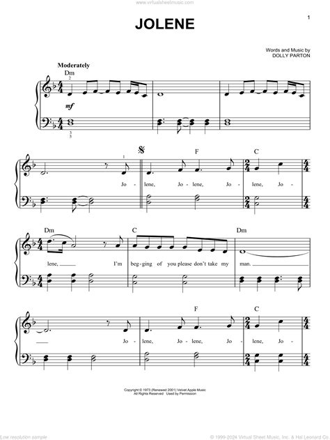 Jolene Beginner Sheet Music For Piano Solo Pdf Interactive