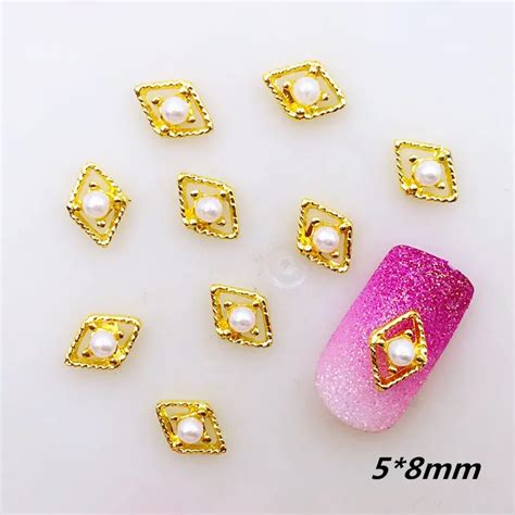 10pcslot 58mm Gold Hollow Rhombus With Pearl Metal Alloy Nail Art