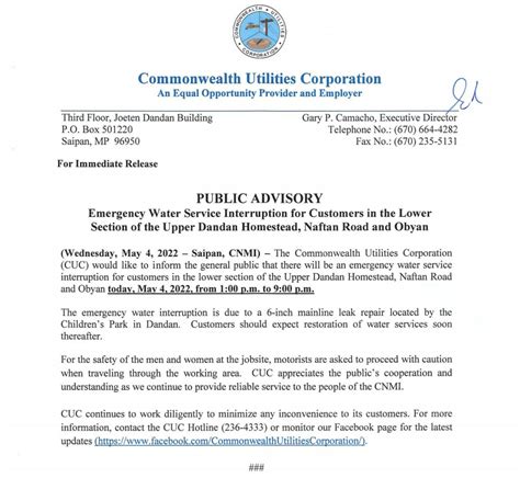 2022 May 04 Public Advisory Re Emergency Water Service Interruption