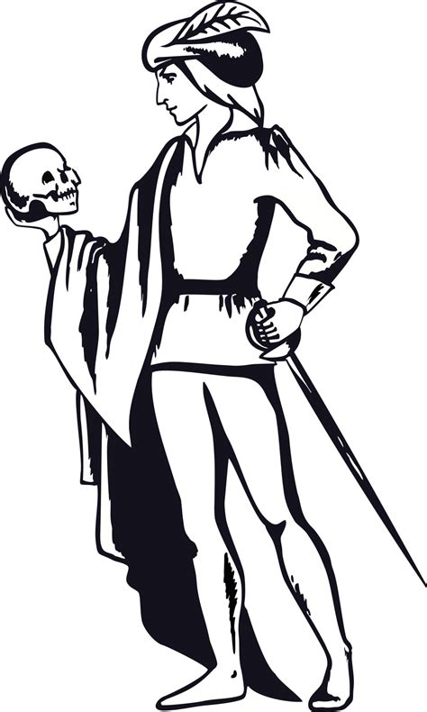 Black and white illustration of Hamlet with a skull in his hand. Actor ...