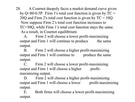 Solved 28 A Cournot Duopoly Faces A Market Demand Curve Chegg