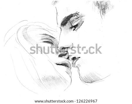 pencil drawing of young kissing lovers - stock photo