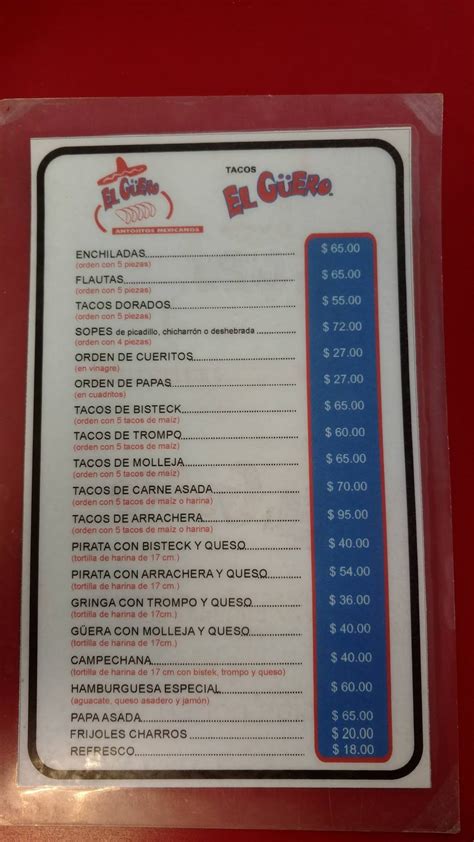 Carta del restaurante Tacos El Güero Cumbres Elite Monterrey Avenida