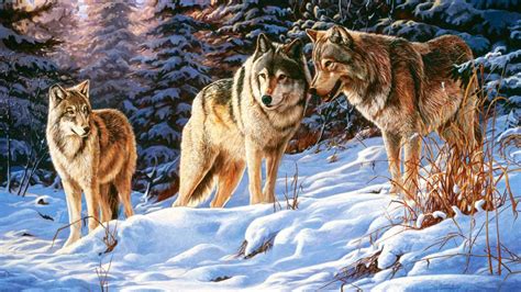 art, Oil, Painting, Drawing, Winter, Wood, Wolves, Small, Talk ...