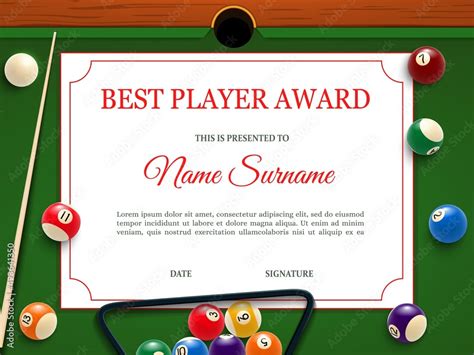 Billiard Tournament Best Player Diploma Or Certificate Template