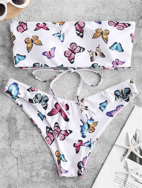 35 OFF POPULAR 2020 ZAFUL Butterfly Print Lace Up Bandeau Bikini