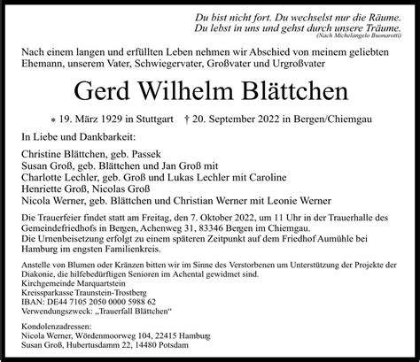 Trauer Bl Ttchen Gerd Wilhelm Ta Anzeigen Traunsteiner Tagblatt