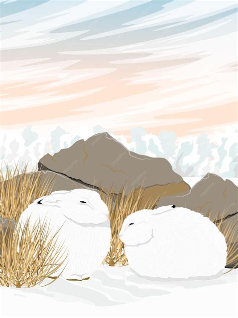 Premium Vector | A pair of white polar hares hides from the wind behind