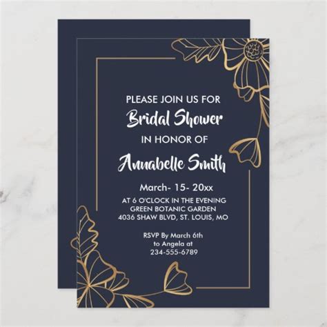 Navy Golden Floral Bridal Shower Invitation Zazzle