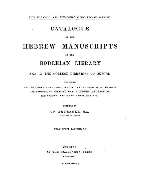 Pdf Adolf Neubauer Catalogue Of The Hebrew Manuscripts In The