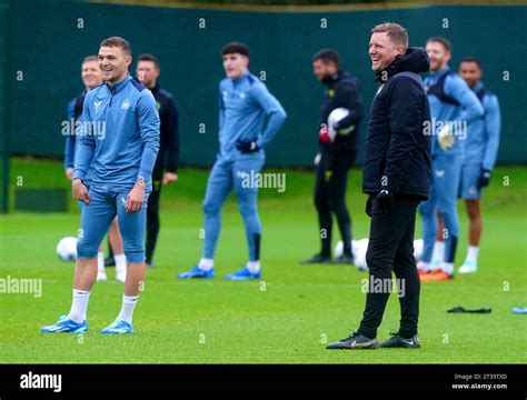 Newcastle United Manager Eddie Howe Right And Kieran Trippier During A Training Session At The