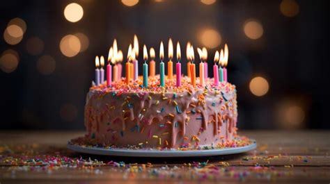 Premium AI Image | a birthday cake with lit candles and a cake with the ...