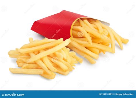 French Fries Or Fried Potatoes In A Red Carton Box Isolated On White Background With Clipping