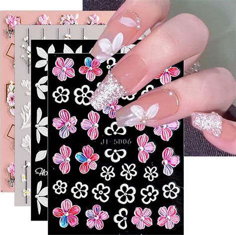 Jmeowio 3d Embossed Spring Flower Nail Art Stickers Decals