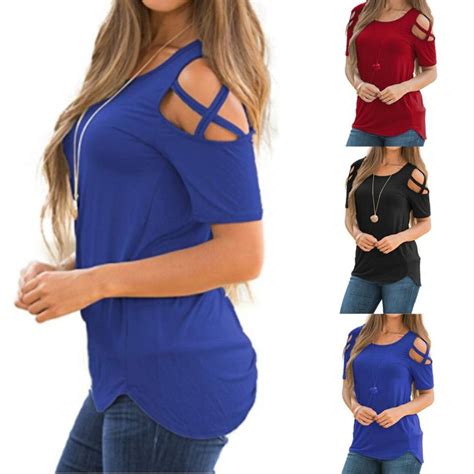 Short Sleeve Strappy Cold Shoulder T Shirt Fashion Design Store