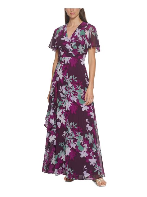 Calvin Klein Womens Purple Zippered Pleated Chiffon Lined Floral