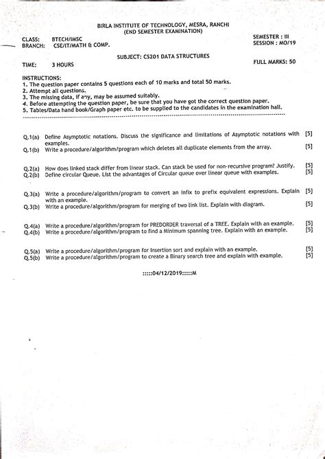 CS201 Data Structures BTECH Bit Mesra Question Paper