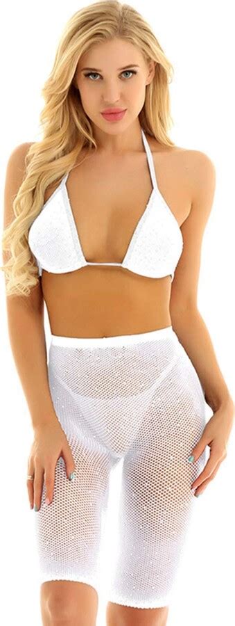 Yuumin Woman S Fishnet Two Piece Lingerie Set Swimsuit Rhinestone Mesh