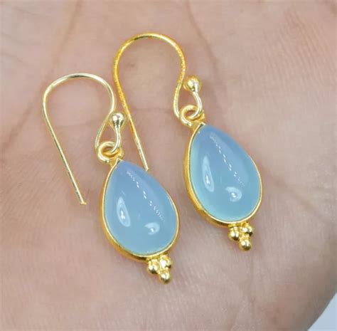 925 SOLID STERLING Silver 24CT Gold Overlay Blue Chalcedony Hook