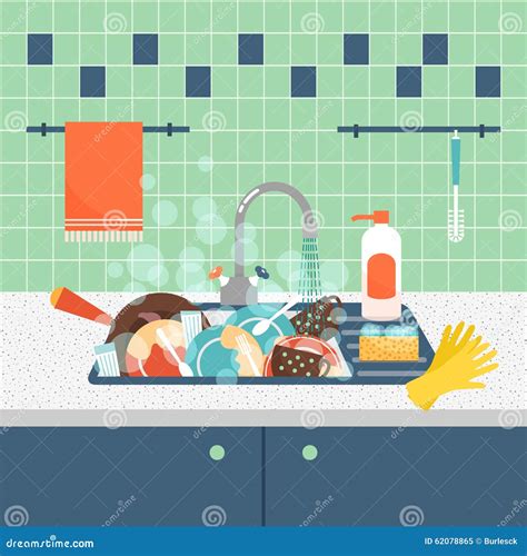 Kitchen Sink With Dirty Kitchenware And Dishes Stock Vector