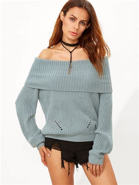 Green Foldover Off The Shoulder Sweater Shein Sheinside