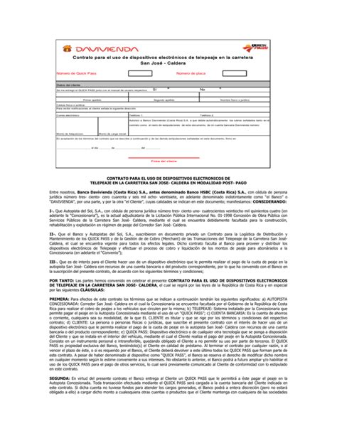 Contrato Para El Uso De Dispositivos Electr Nicos De Telepeaje En La