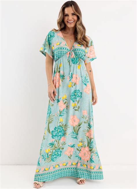 Vestido Longo Floral Verde Decote Profundo Quintess